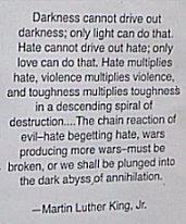 This picture is a shot of text by Martin Luther King about how only light will drive out darkness, and that hate will not end hate.