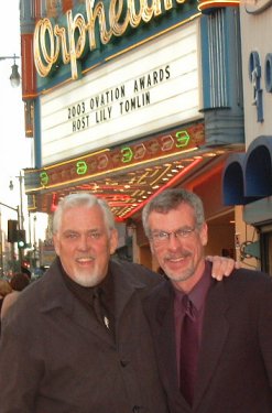 Jim Brochu, Steve Schalchlin in front of Orpheum Theatre, Los Angeles