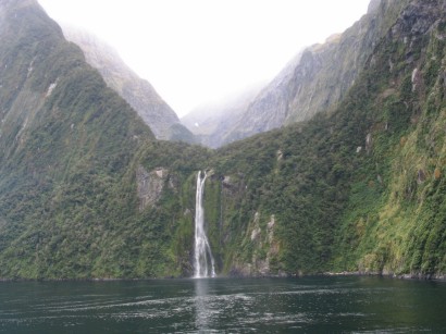 Hanging valley with waterfall in Milford Sound New Zealand